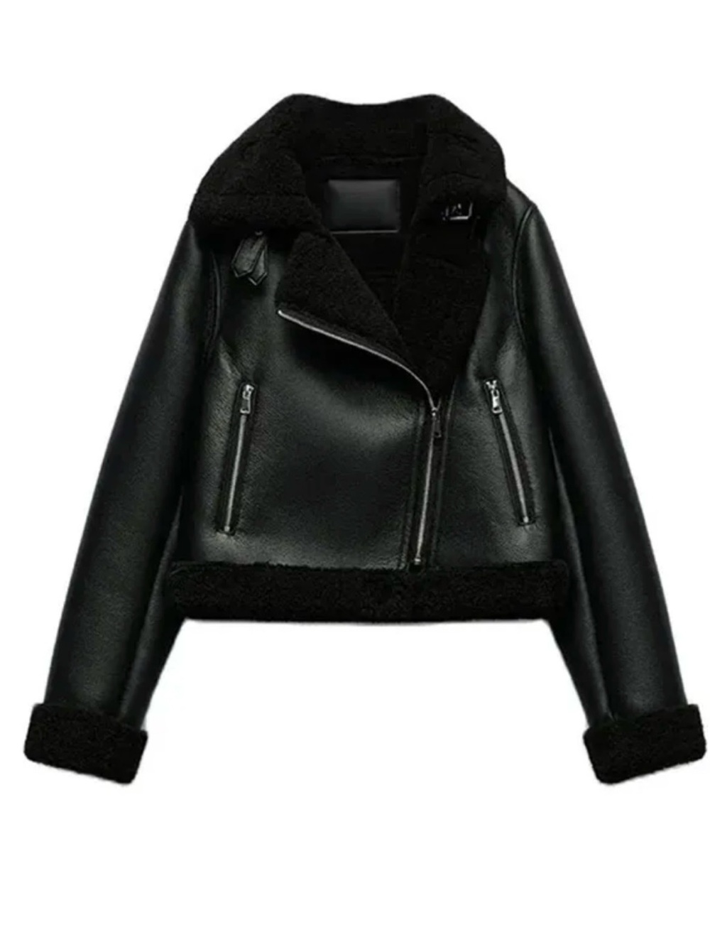 Zara Black Faux Shearling Biker Jacket - Women